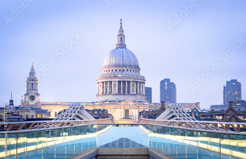 St Paul's Cathedral and the Millennium Bridge on a winter morning in London 
