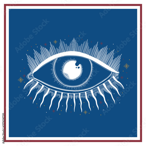 Evil Seeing eye symbol. Occult mystic emblem, graphic design tattoo. Esoteric sign alchemy, decorative style, providence sight.