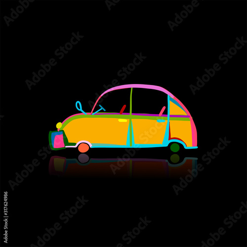 Retro car, isolated on black. Sketch for your design