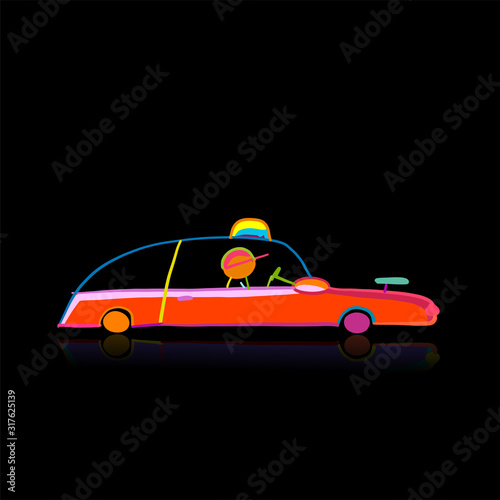 Retro taxi car, automobile. Urban transport. Vector modern flat line design i...