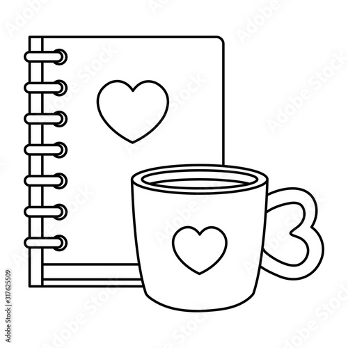 notebook with heart and cup coffee isolated icon