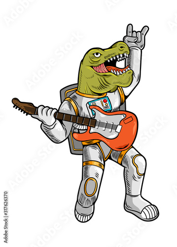 tyrannosaurus rock star play on guitar