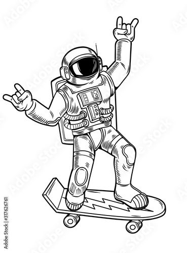 spaceman ride on skateboard in space suit
