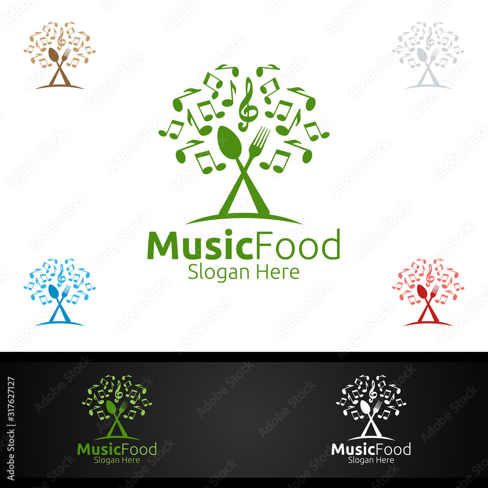 Music Healthy Food Logo Template. Organic Vector Design.for Menu Restaurant or Cafe, Fork, Spoon and leaves Concept