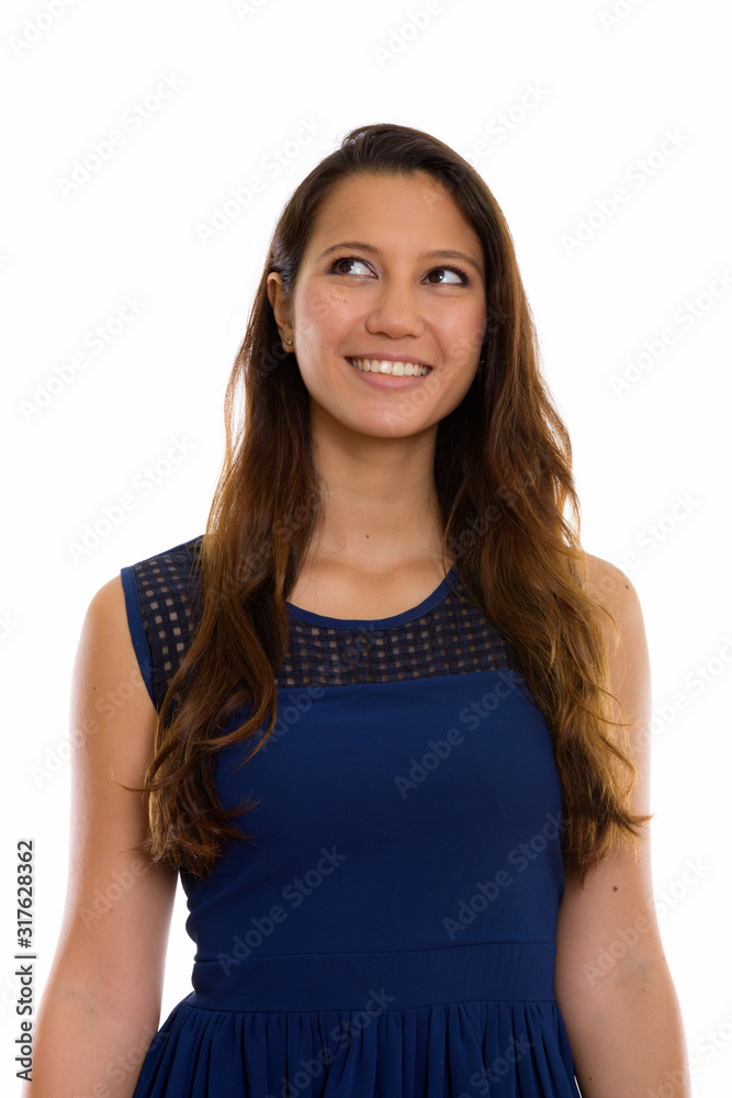 Portrait of happy young beautiful woman thinking Portrait of happy young beautiful woman thinking