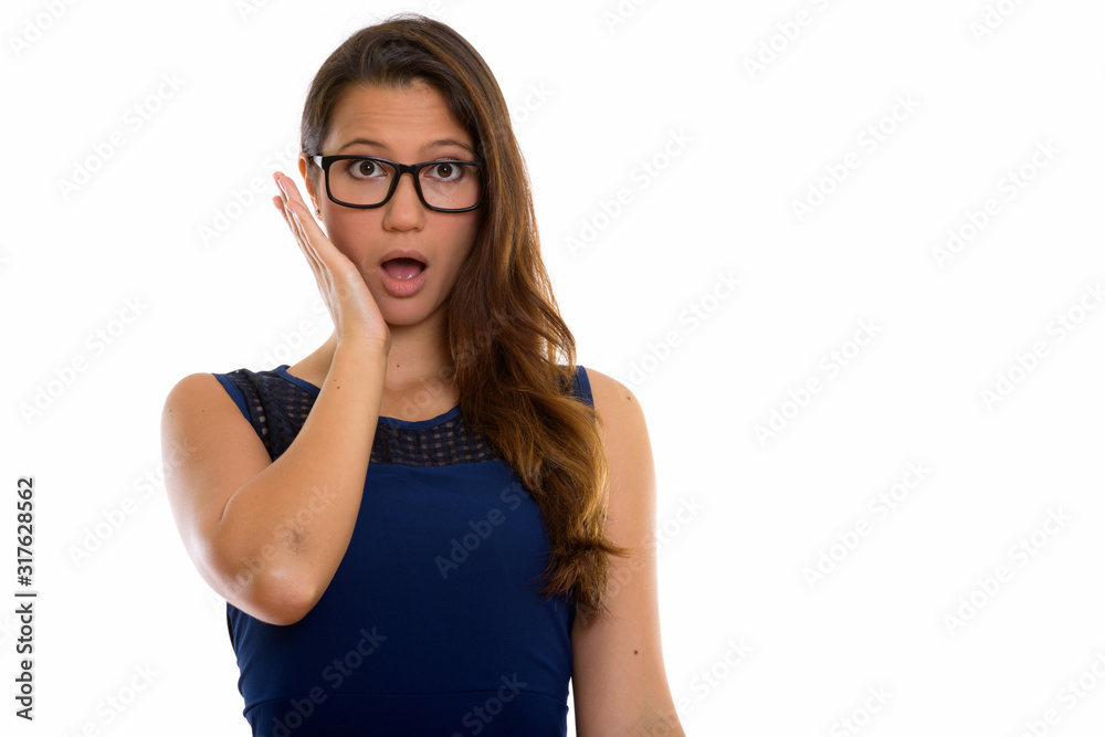 Portrait of young beautiful woman with eyeglasses looking surprised Portrait of young beautiful woman with eyeglasses looking surprised