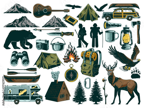 Vintage outdoor recreation elements collection set