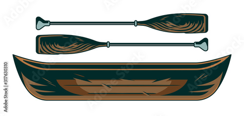 Vintage wooden the boat canoe with couple of oars