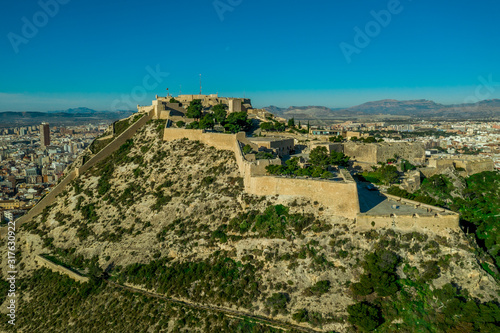 Aerial view of Santa Barbara castle ancient fortress with panoramic views in Alicante Spain