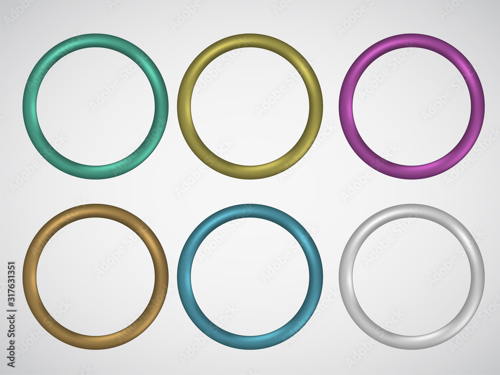 Vector metal glow round frame set isolated on white background. Chrome coated ring for industrial design banner, poster, ads. Glowing surface steel 3d circle shape. Mechanical detail for button. Vector metal glow round frame set isolated on white background. Chrome coated ring for industrial design banner, poster, ads. Glowing surface steel 3d circle shape. Mechanical detail for button.