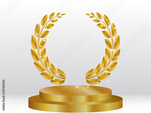 Vector golden laurel wreath frame award and stage podium isolated on white background. Victory, honor achievement, quality product presentation, anniversary party, creative or professional triumph.