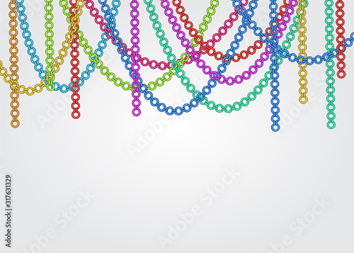 Hanging chain garland brushes set isolated on white background. Festive, bright colors of paper decoration. Frames for posters, invitations. Multicolored and golden tints for fashion, glamorous theme.