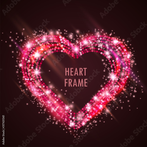 Mosaic vector red neon light effect heart frame with hazy flares. Magical glowing glass tiles  shining stardust sparkles  hot illumination. Energy glittering tiles. Luxurious expensive sequins design.