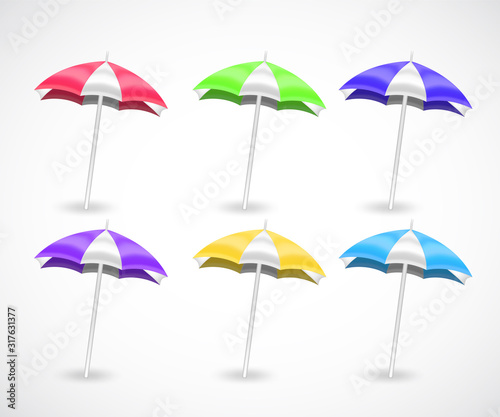 Summer side view umbrella vector set isolated on white. Seashore recreation tourism. Sun protection idea. Tropical holidays vacation symbol. Beach relaxation under the colorful awning on a sunny day.