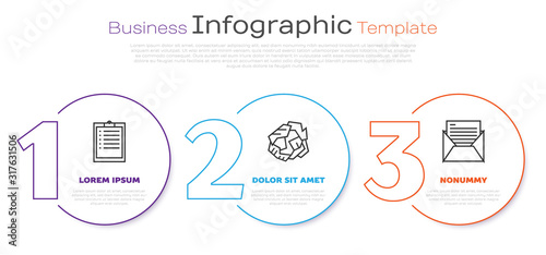 Set line Clipboard with checklist, Crumpled paper ball and Mail and e-mail. Business infographic template. Vector
