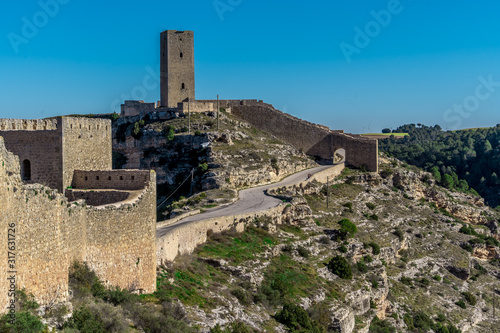 Aerial view of Alarcon castle, parador and fortifications along the Jucar river in Cuenca province Spain © tamas