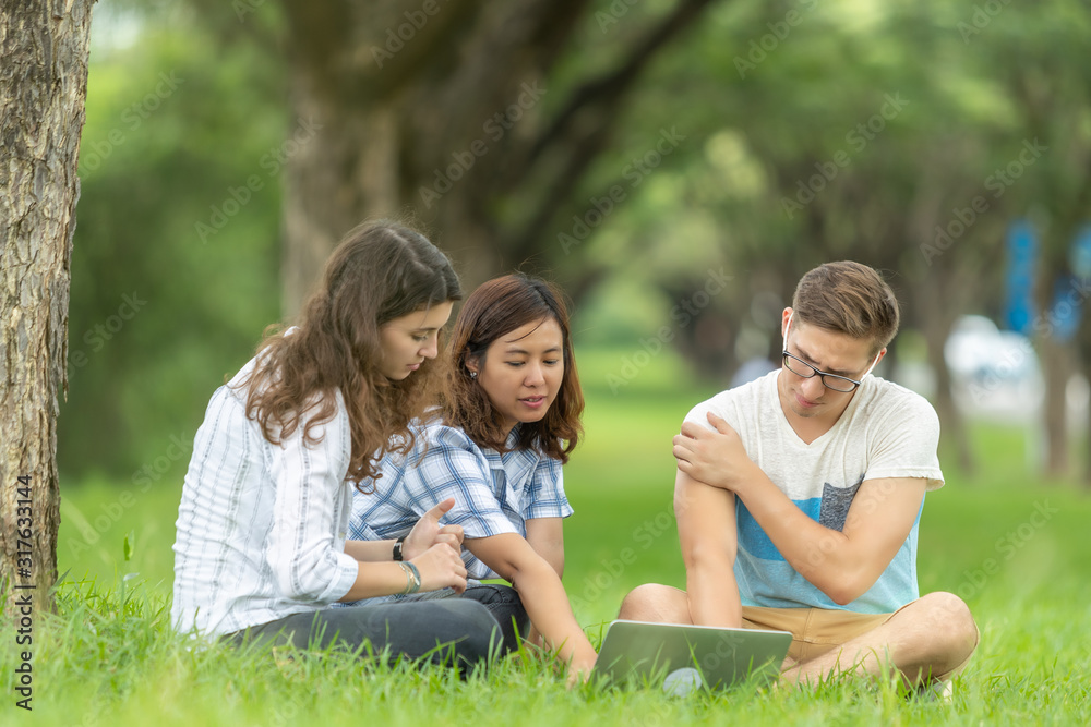 Picture of group of university students multi-ethnic sitting on the green grass working and reading outside together in a park Picture of group of university students multi-ethnic sitting on the green grass working and reading outside together in a park