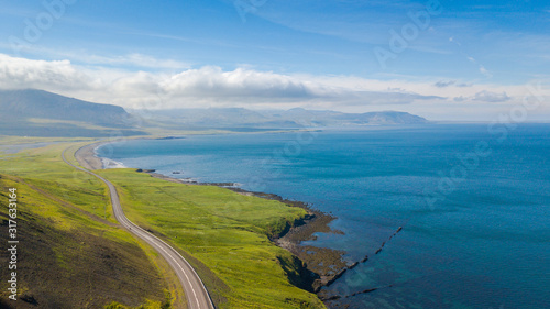 Aerial view of Road at Coast of Western Iceland, Summertime