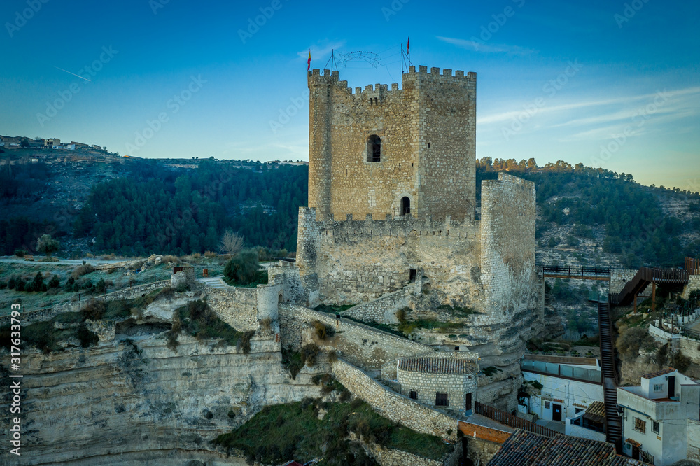 Aerial panorama of Alcala del Jucar medieval castle in Albacete province Spain Aerial panorama of Alcala del Jucar medieval castle in Albacete province Spain