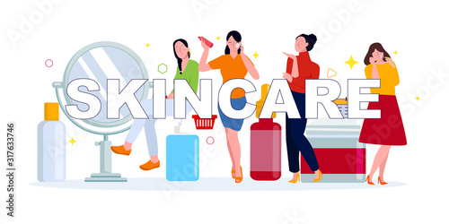 Skincare pretty women with cosmetic mask on faces friends together on mirror