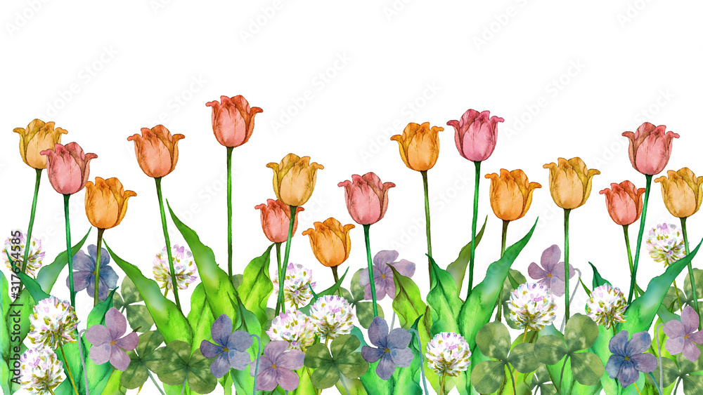 Fototapeta premium 春の花壇水彩画