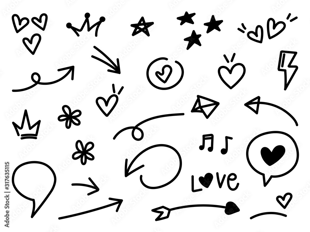 Hand drawn doodle vector collection with highlight text, arrow, firework, swirl, tail, flower, heart, graffiti crown, heart, love, speech bubble, star, cute sign for valentine and cute design element. Hand drawn doodle vector collection with highlight text, arrow, firework, swirl, tail, flower, heart, graffiti crown, heart, love, speech bubble, star, cute sign for valentine and cute design element.