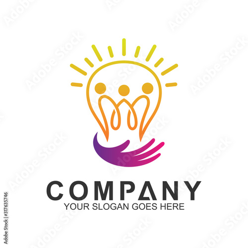 creative people logo,bulb with people inside and hand shape,education and science vector logo