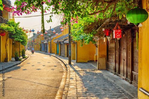 Scenic morning view of street decorated with lanterns, Vietnam photo