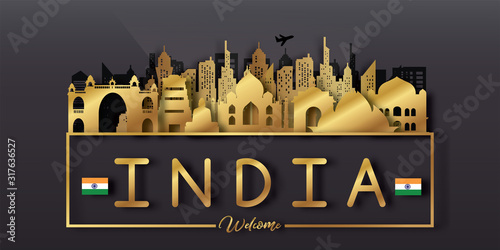 Travel India postcard, poster, tour advertising of world famous landmarks in paper cut style. Vectors illustrations