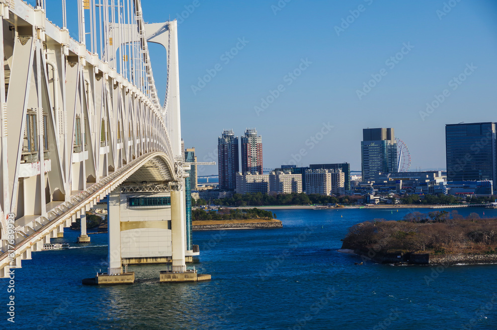 Naklejka premium 吊橋の歩道から眺める光景
