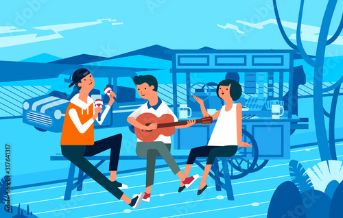 three people hanging out in street food stall while playing guitar, maracas and singing-vector illustration