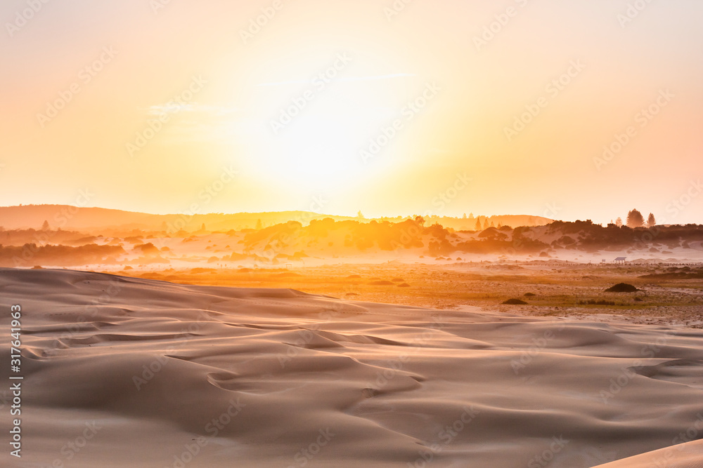 Desert landscape. Bright orange sunrise in the centre. Woods on the horison. Stockton Sand Dunes near the coast, Worimi Regional Park, Anna Bay, Australia