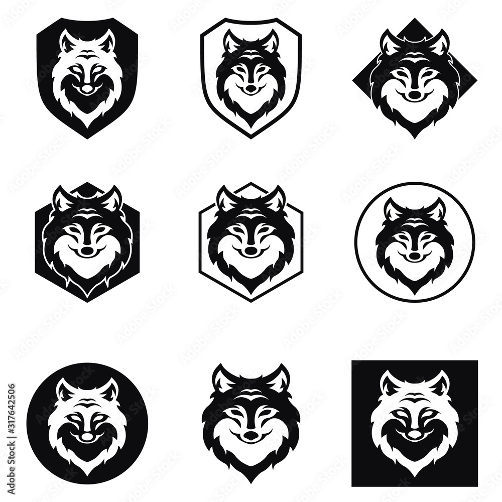 wolf head black logo icon set design vector illustration