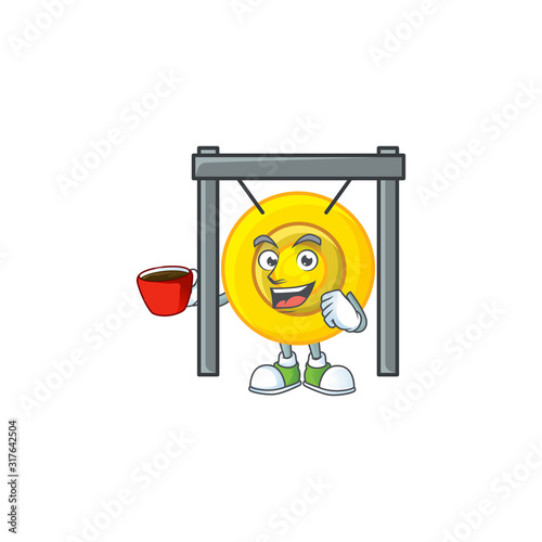 cartoon character of chinese gong with a cup of coffee