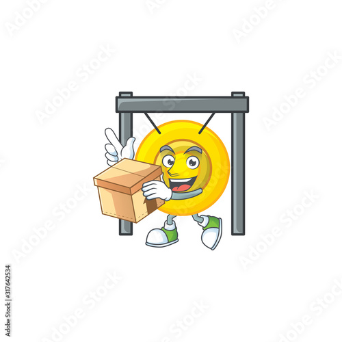 Cute chinese gong cartoon character having a box