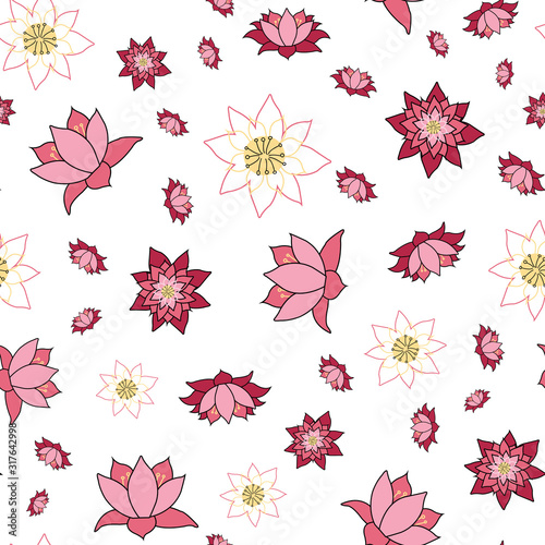 Lovely Lotus flowers in various stages of open, repeat seamless vector illustration, surface pattern