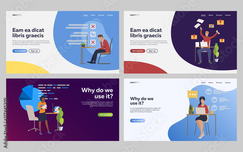 Set of stressed employees overworking and failing tasks. Flat vector illustrations of secretaries making report. Overworking, secretary routine concept for banner, website design or landing web page