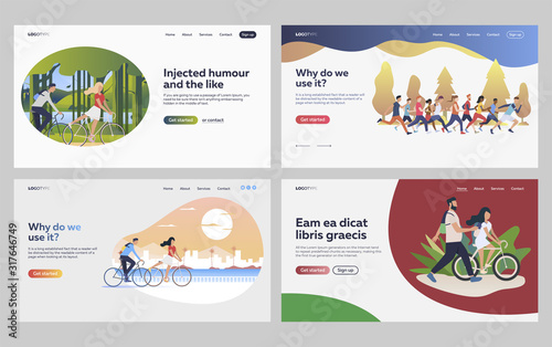 Set of people riding bicycles. Flat vector illustrations of sportsmen running marathon. Outdoor sport activities, cycling concept for banner, website design or landing web page