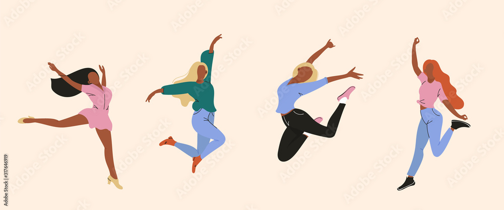 Vector illustration of dancing women, Happy dancing people, Trendy retro style Flat colorful vector illustration.