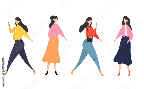 Young woman in casual clothes standing in different poses, Women and social media communication with gadget. isolated on white background - Vector illustration.