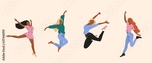 Vector illustration of dancing women, Happy dancing people, Trendy retro style Flat colorful vector illustration.