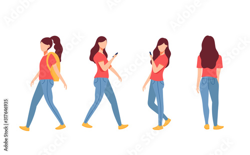 Young woman in casual clothes standing in different poses, Women and social media communication with gadget. isolated on white background -  Vector illustration.