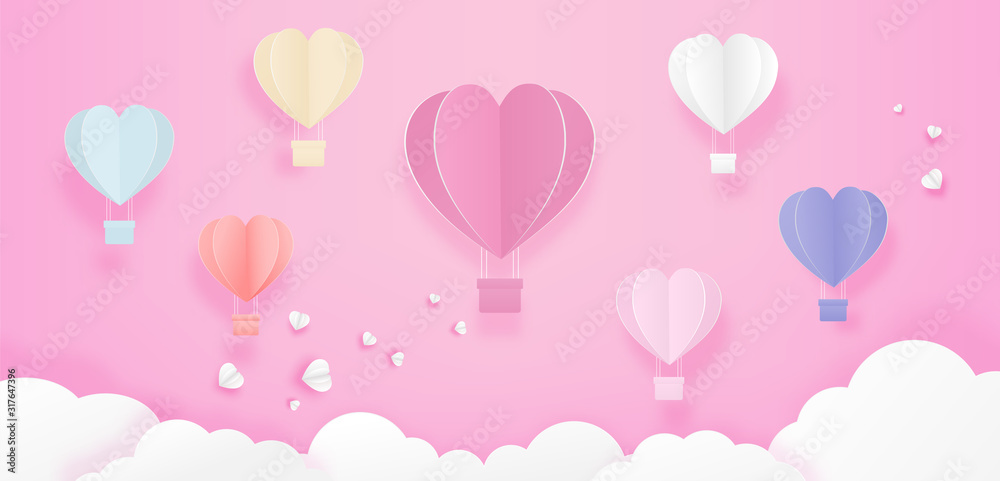 Illustration of love. Paper cut style, balloon colorful hearts flying over cloud on pink background. Vector illustration.