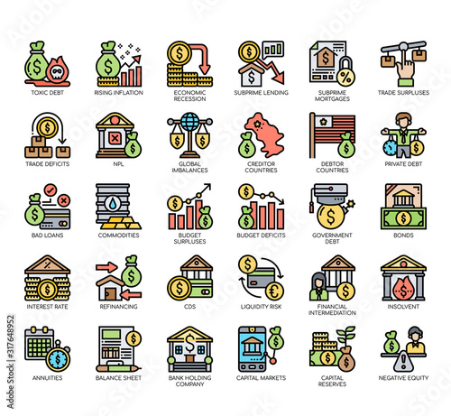 Set of financial crisis thin line and pixel perfect icons for any web and app project.