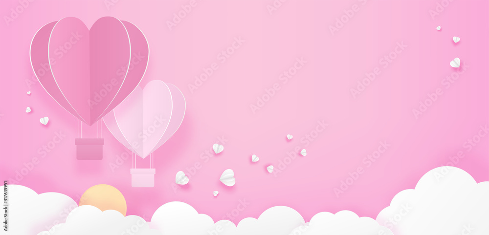 Illustration of love. Paper cut style. Hearts balloon float overcloud on pink background. Vector illustration.		
