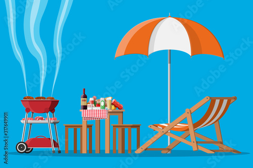 Bbq party or picnic. Table with bottle of wine, vegetables, cheese, can of beer. Electric grill with barbecue. Cooking steak, meat and sausages, grilling bbq. Vector illustration flat style