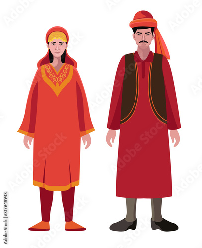 kashmir man and woman, couple in traditional dress vector