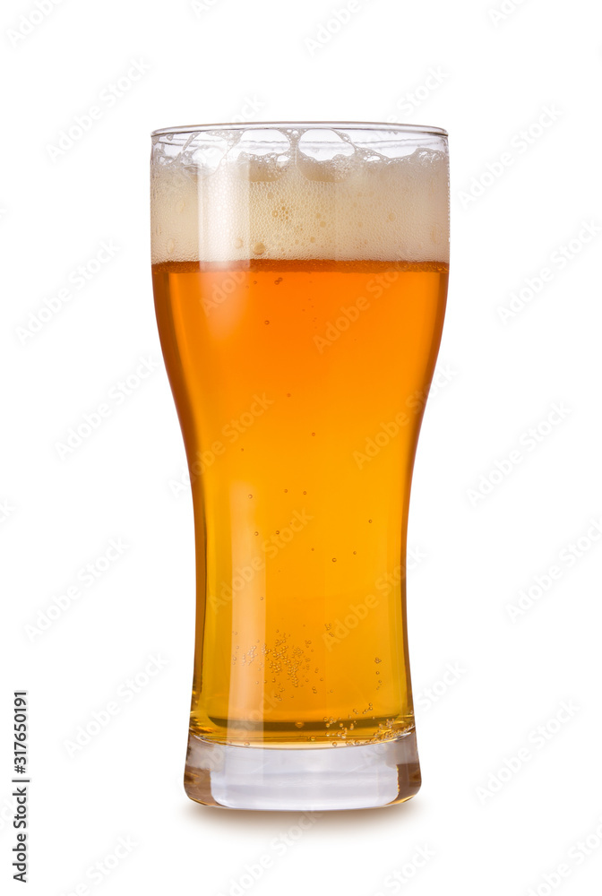 Single IPA beer glass with foam and bubbles isolated on white background Single IPA beer glass with foam and bubbles isolated on white background