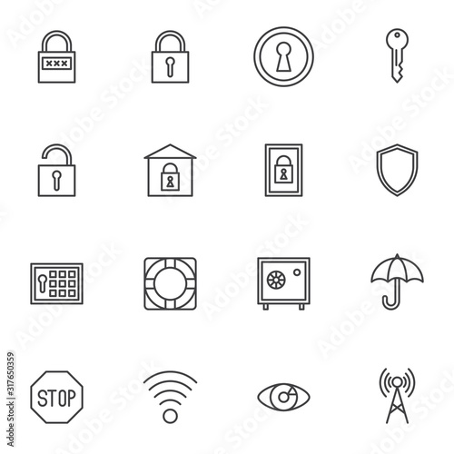 Security protection line icons set. linear style symbols collection, Safety lock outline signs pack. vector graphics. Set includes icons as padlock, lock key, protection shield, safety box, bank safe