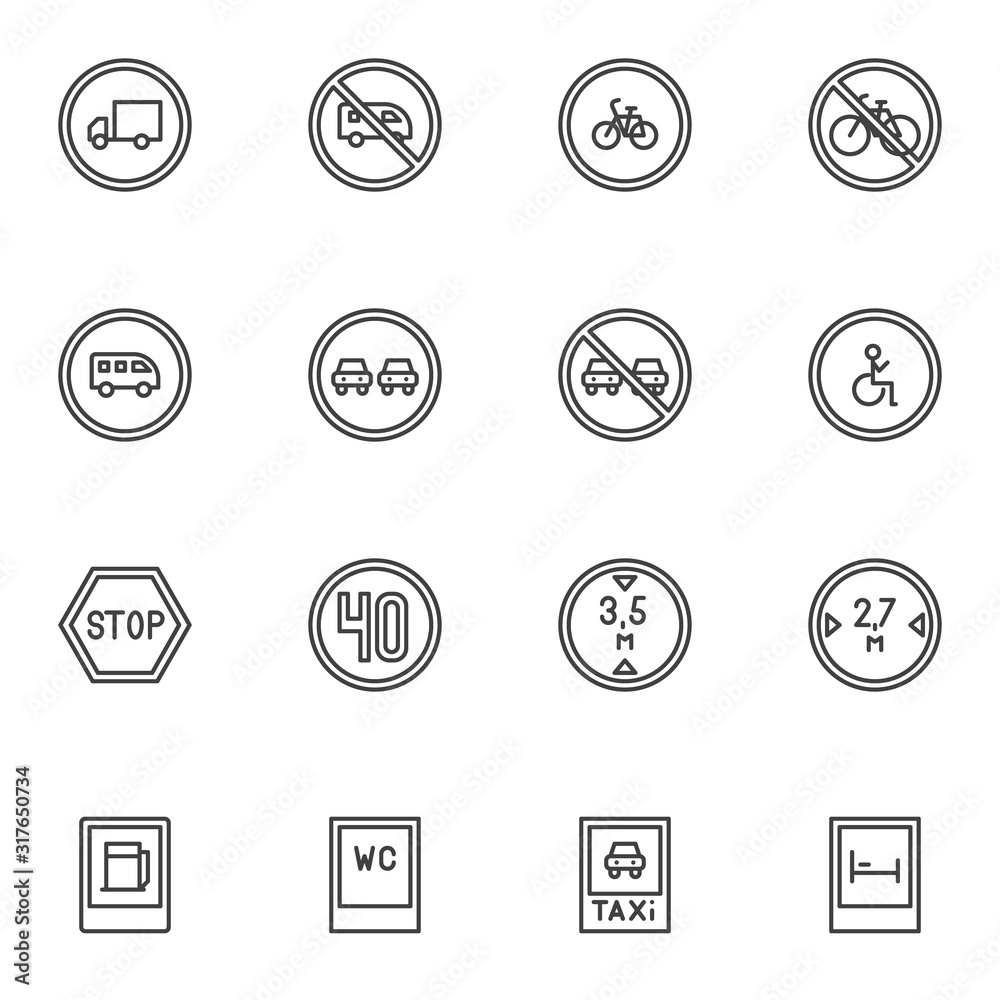 Universal road signs line icons set. linear style symbols collection, outline signs pack. vector graphics. Set includes icons as no overtaking traffic sign, speed limit 40, warning to speed, parking